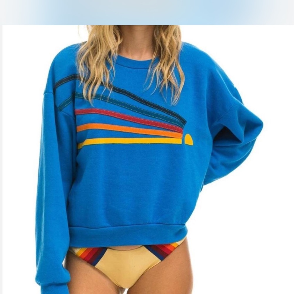 Blue Graphic Crewneck Sweatshirt with Rainbow Stripes